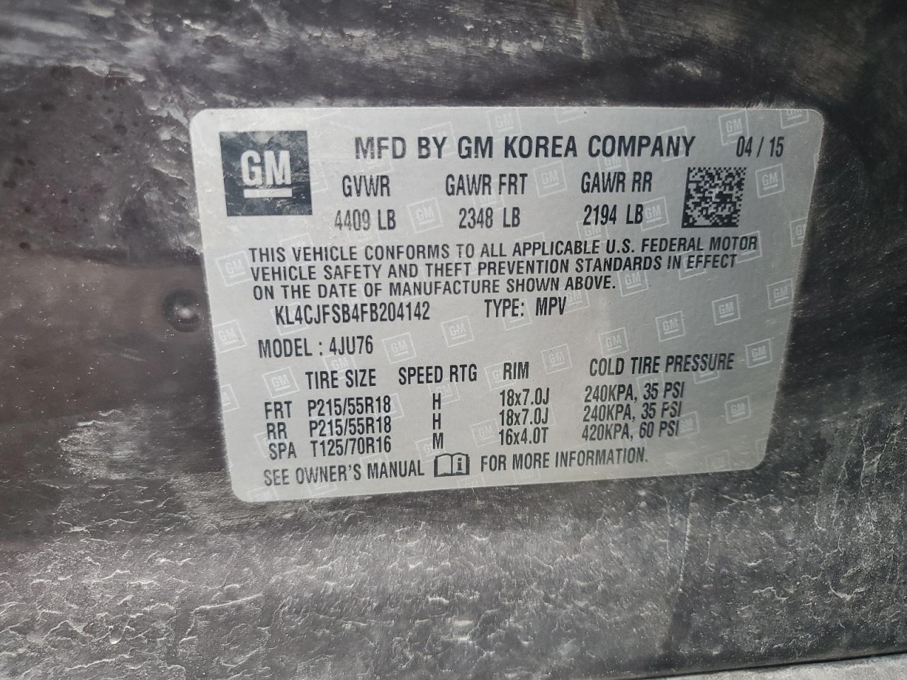 2015 Buick Encore Convenience VIN: KL4CJFSB4FB204142 Lot: 62819835