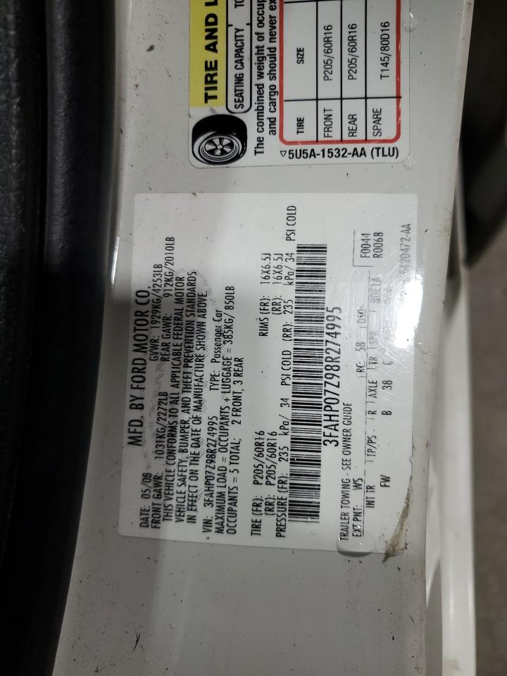 2008 Ford Fusion Se VIN: 3FAHP07Z98R274995 Lot: 60900335