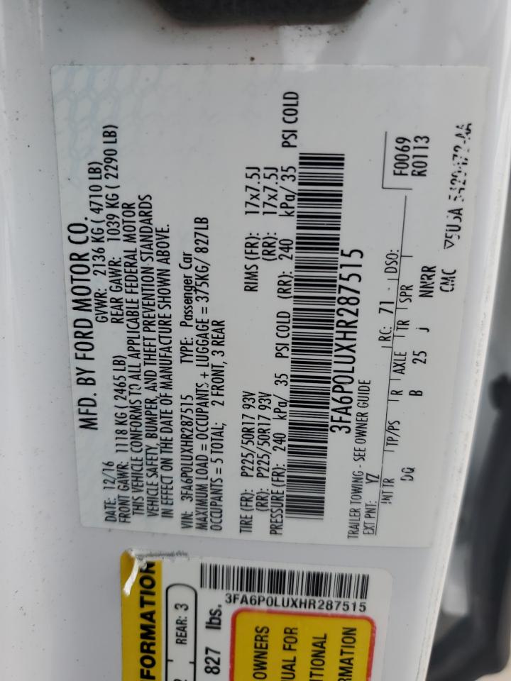 2017 Ford Fusion Se Hybrid VIN: 3FA6P0LUXHR287515 Lot: 63013765