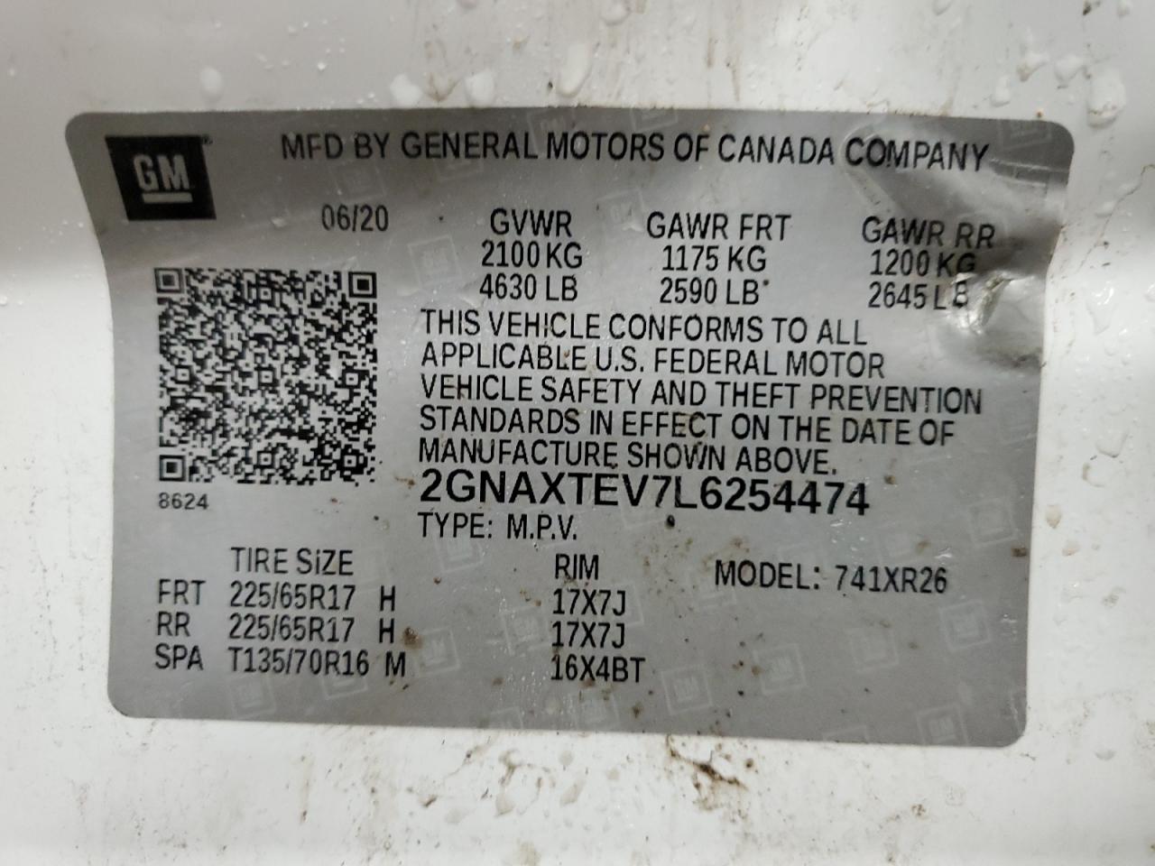 2020 Chevrolet Equinox Lt VIN: 2GNAXTEV7L6254474 Lot: 59490015