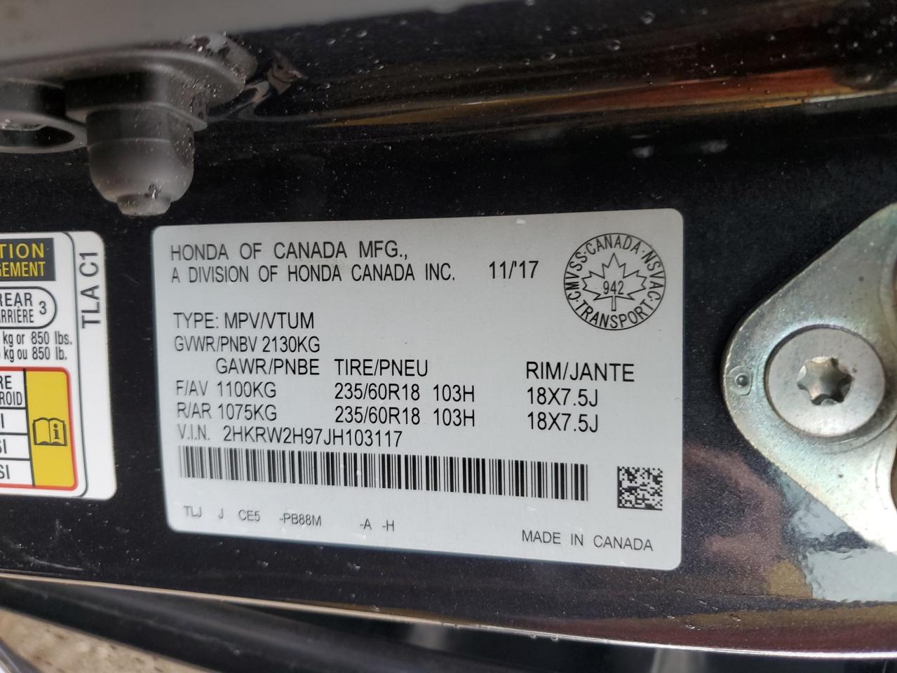 2018 Honda Cr-V Touring VIN: 2HKRW2H97JH103117 Lot: 61851075