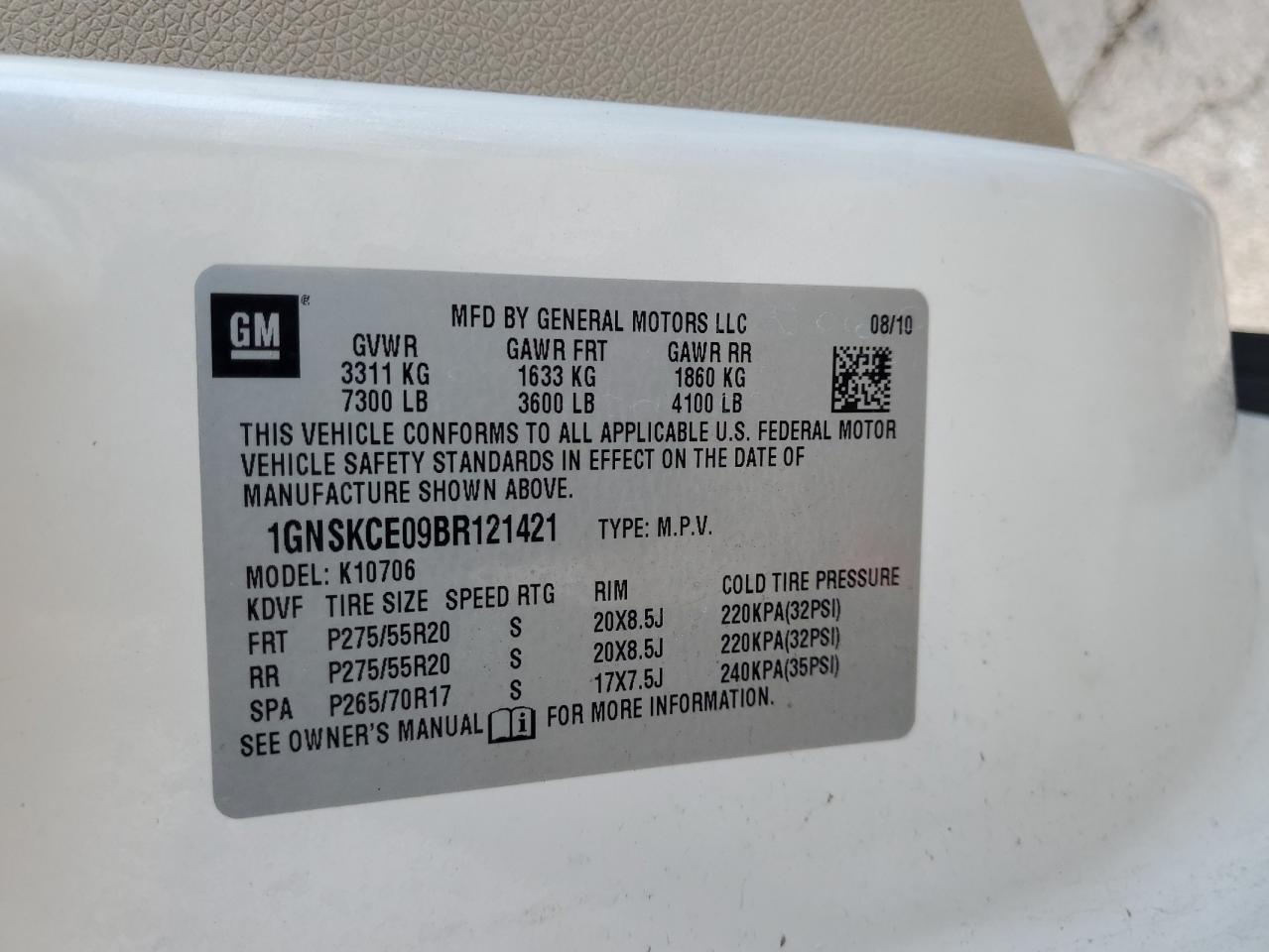 2011 Chevrolet Tahoe K1500 Ltz VIN: 1GNSKCE09BR121421 Lot: 60055235