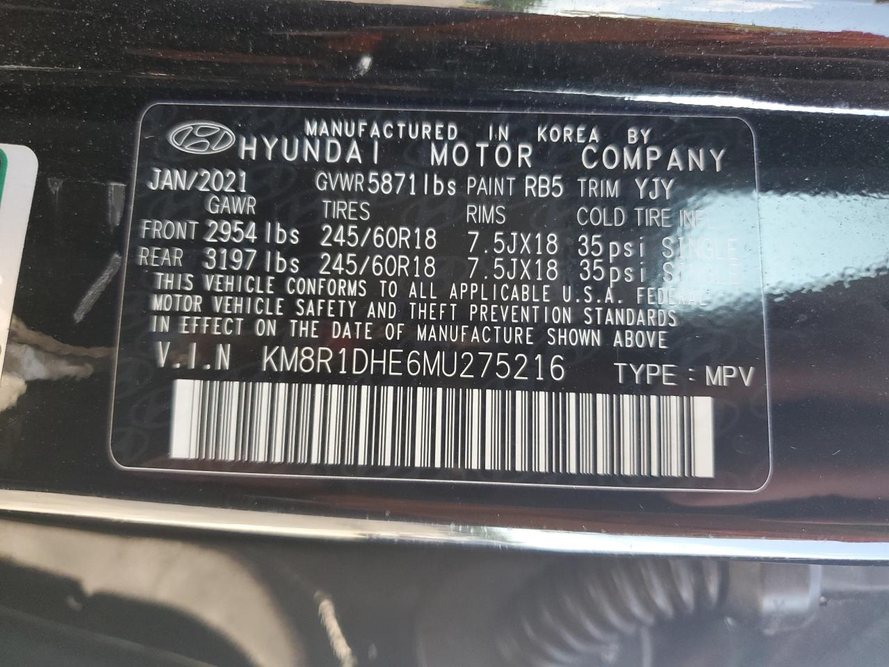 2021 Hyundai Palisade Se VIN: KM8R1DHE6MU275216 Lot: 60052375