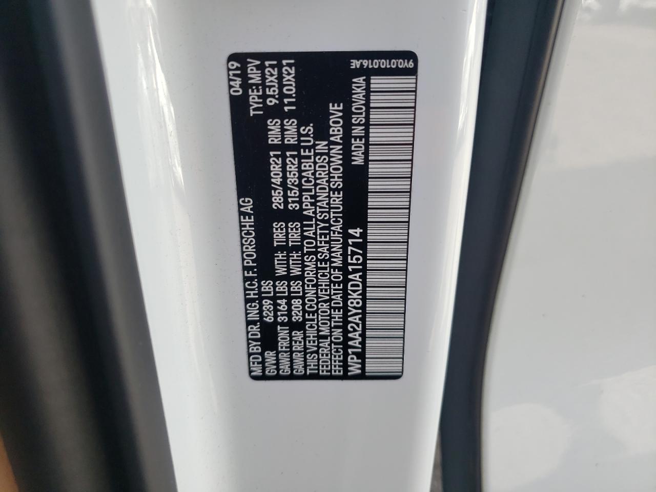 2019 Porsche Cayenne VIN: WP1AA2AY8KDA15714 Lot: 62509045