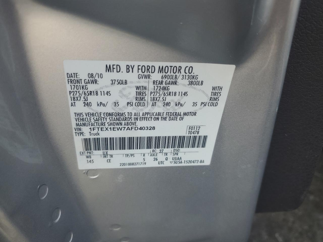 2010 Ford F150 Super Cab VIN: 1FTEX1EW7AFD40328 Lot: 67542965