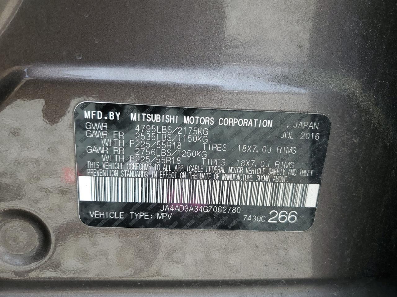 2016 Mitsubishi Outlander Se VIN: JA4AD3A34GZ062780 Lot: 59399675