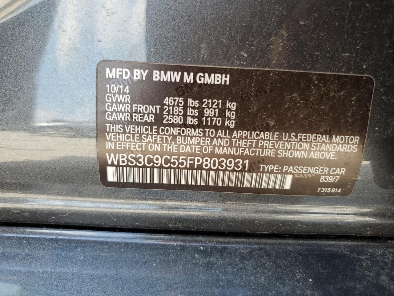 2015 BMW M3 VIN: WBS3C9C55FP803931 Lot: 60970535
