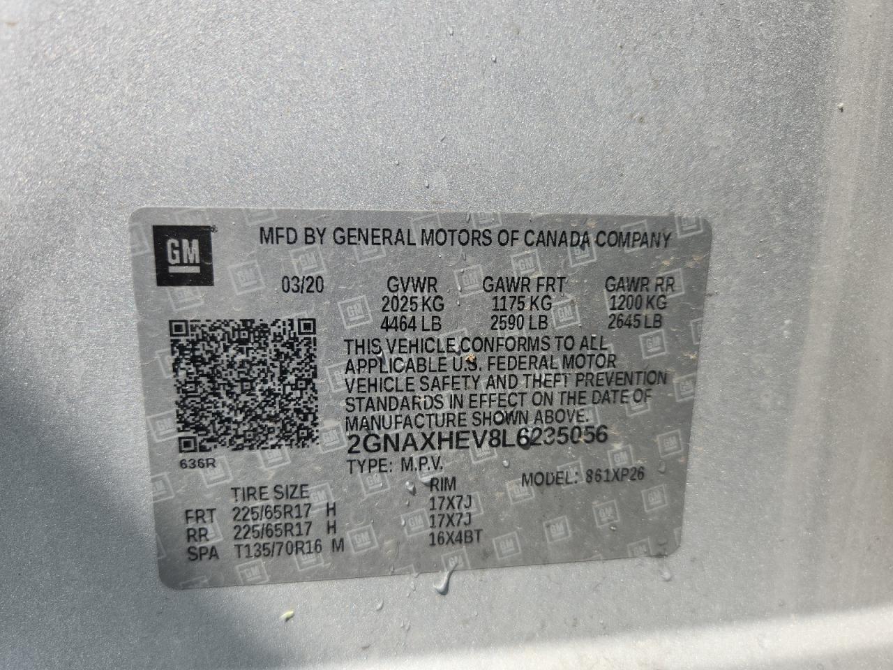 2020 Chevrolet Equinox Ls VIN: 2GNAXHEV8L6235056 Lot: 62875215