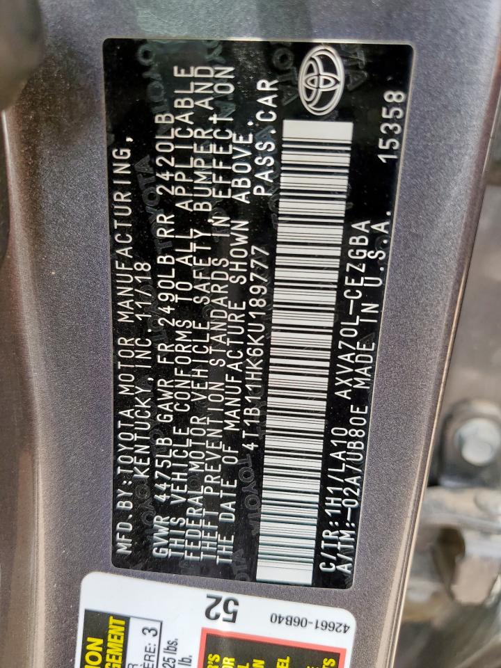 2019 Toyota Camry L VIN: 4T1B11HK6KU189777 Lot: 62606765