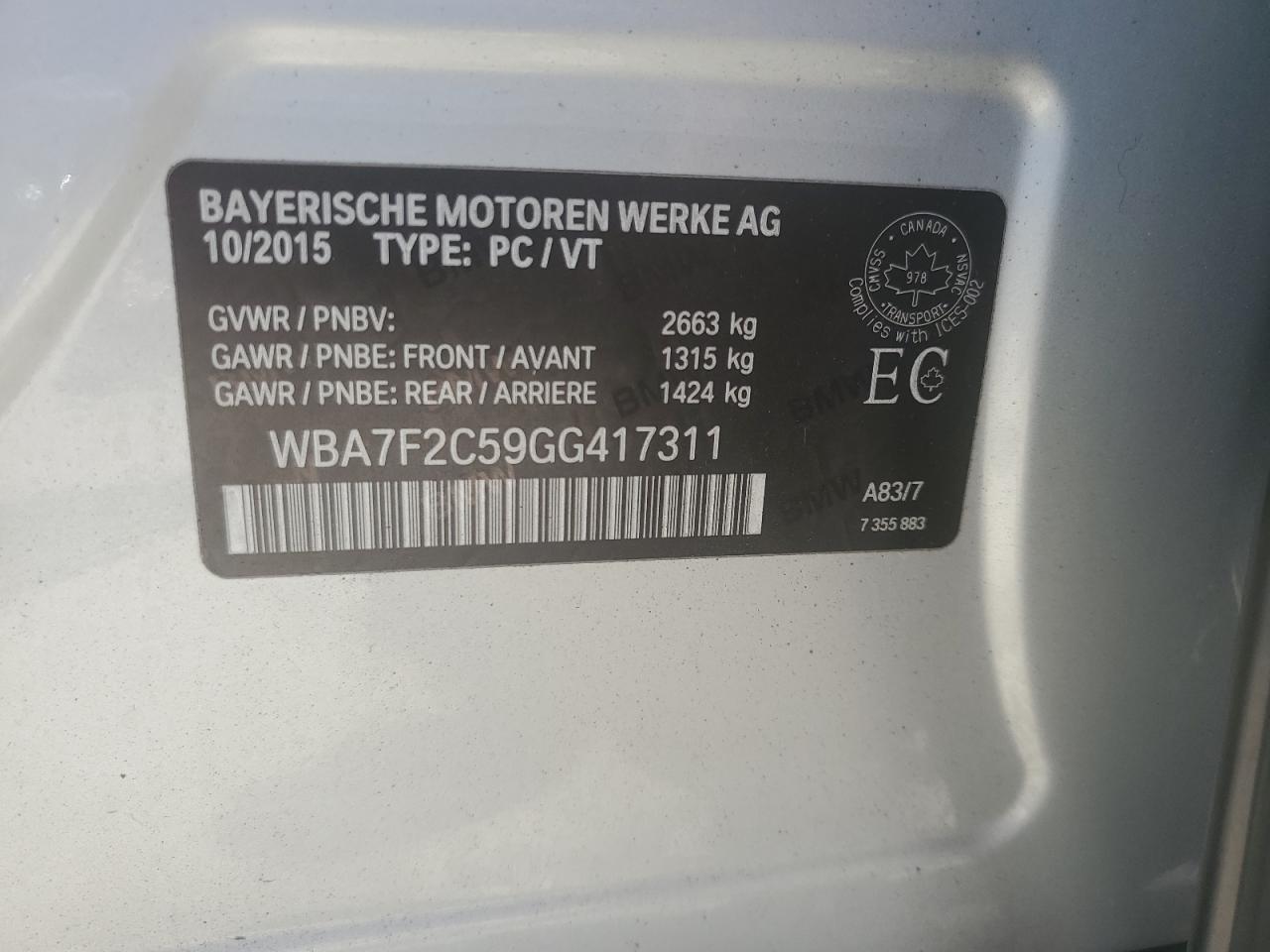 2016 BMW 750 Xi VIN: WBA7F2C59GG417311 Lot: 61777655