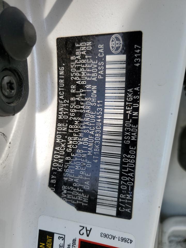 2012 Toyota Avalon Base VIN: 4T1BK3DB3CU445311 Lot: 62381115