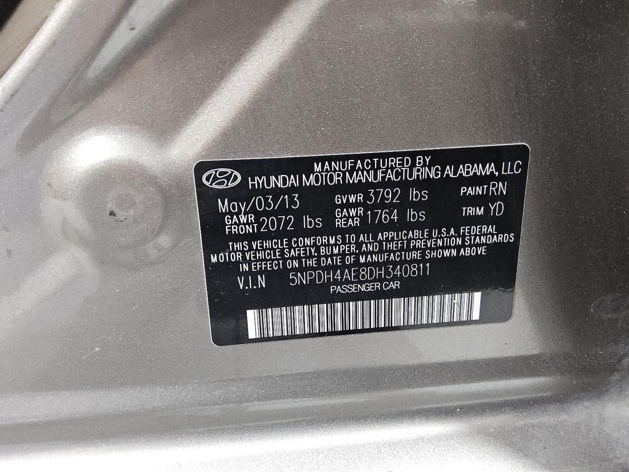 2013 Hyundai Elantra Gls VIN: 5NPDH4AE8DH340811 Lot: 61845765