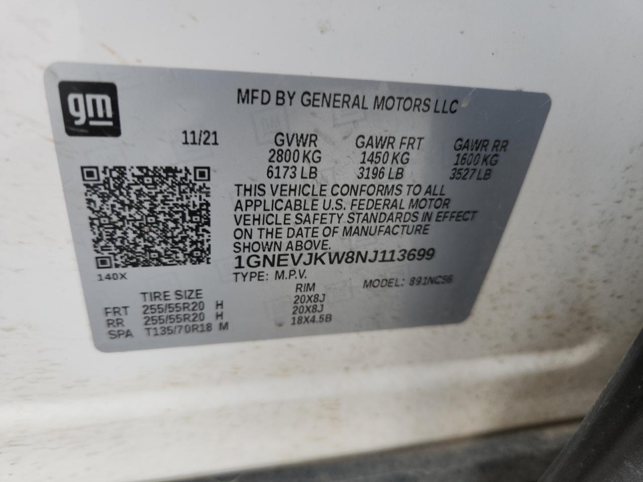 2022 Chevrolet Traverse Rs VIN: 1GNEVJKW8NJ113699 Lot: 62601355