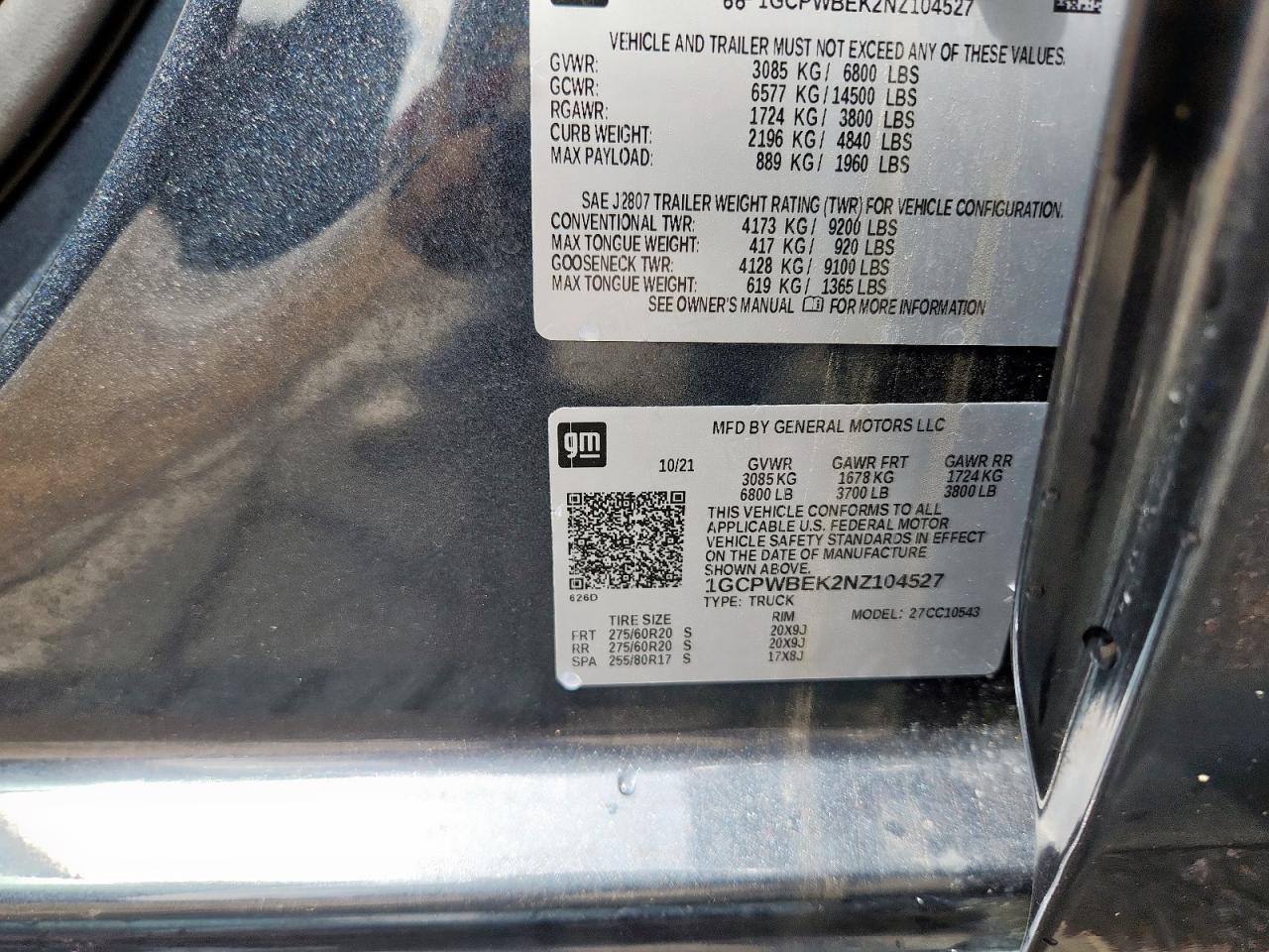 2022 Chevrolet Silverado Ltd C1500 Custom VIN: 1GCPWBEK2NZ104527 Lot: 61688715