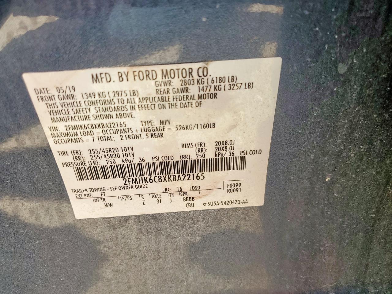 2019 Ford Flex Sel VIN: 2FMHK6C8XKBA22165 Lot: 62020355