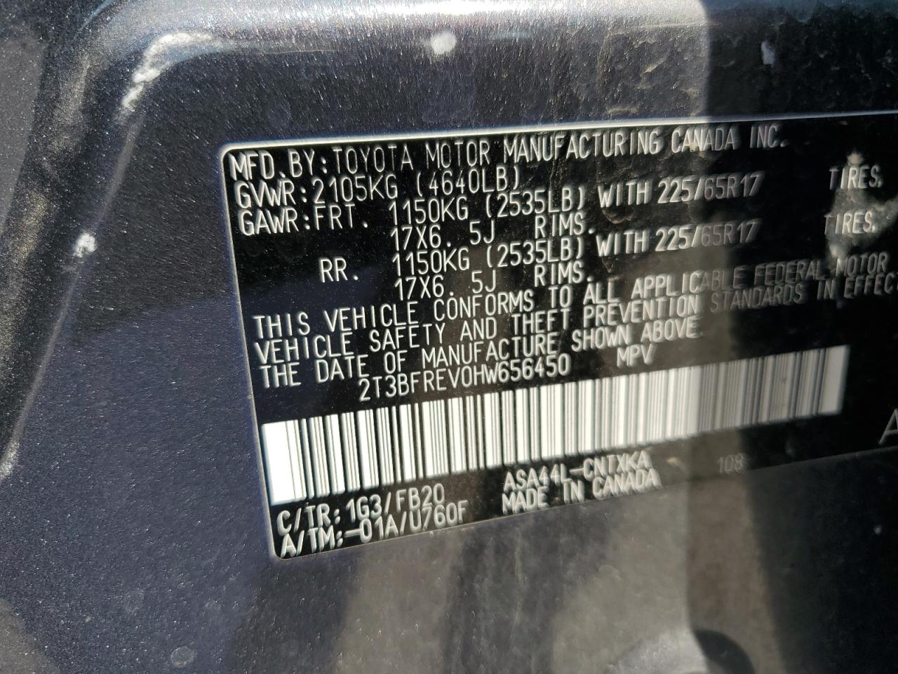 2017 Toyota Rav4 Le VIN: 2T3BFREV0HW656450 Lot: 61495335