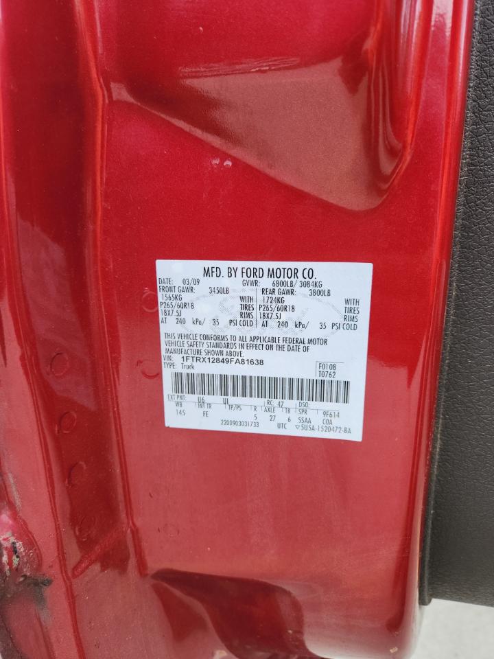 2009 Ford F150 Super Cab VIN: 1FTRX12849FA81638 Lot: 60725095