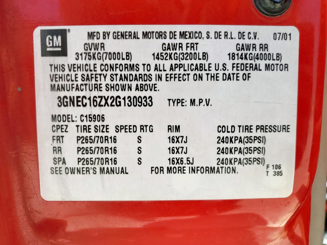 2002 Chevrolet Suburban C1500 VIN: 3GNEC16ZX2G130933 Lot: 59340045