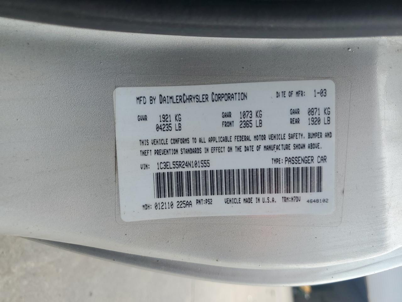 2004 Chrysler Sebring Lxi VIN: 1C3EL55R24N101555 Lot: 62670685