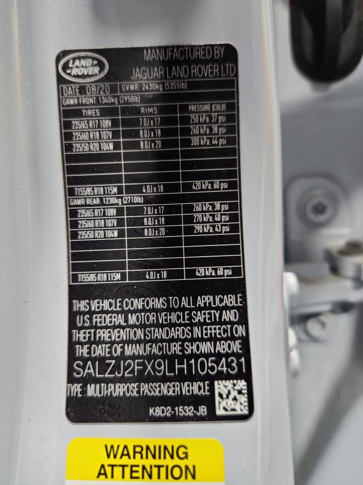 2020 Land Rover Range Rover Evoque S VIN: SALZJ2FX9LH105431 Lot: 62133425