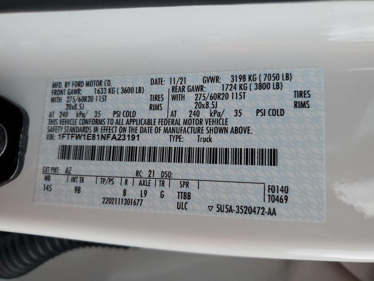 2022 Ford F150 Supercrew VIN: 1FTFW1E81NFA23191 Lot: 59531595