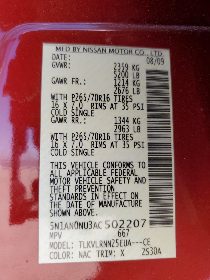 2010 Nissan Xterra Off Road VIN: 5N1AN0NU3AC502207 Lot: 63080305