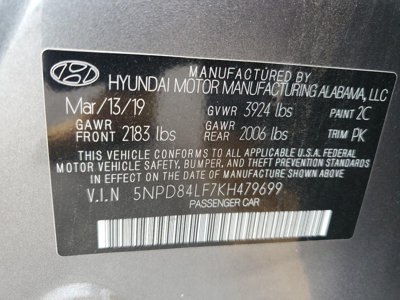2019 Hyundai Elantra Sel VIN: 5NPD84LF7KH479699 Lot: 62819215