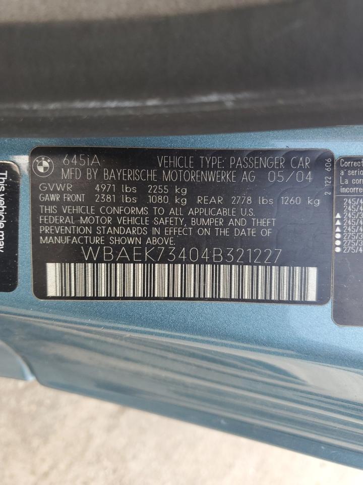 2004 BMW 645 Ci Automatic VIN: WBAEK73404B321227 Lot: 61929225