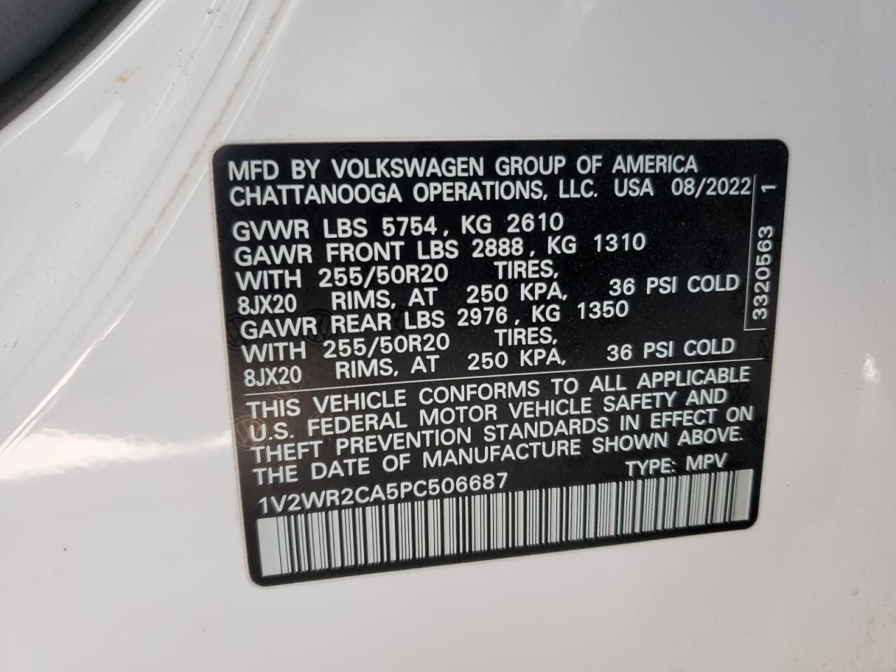 2023 Volkswagen Atlas Se VIN: 1V2WR2CA5PC506687 Lot: 62720505