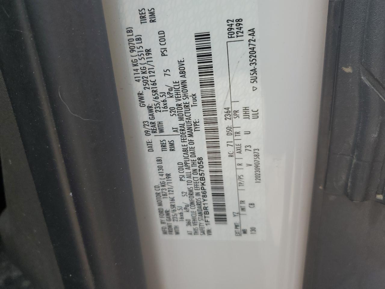 FORD TRANSIT 2023 VIN 1FTBR1Y86PKB57058 фото 13