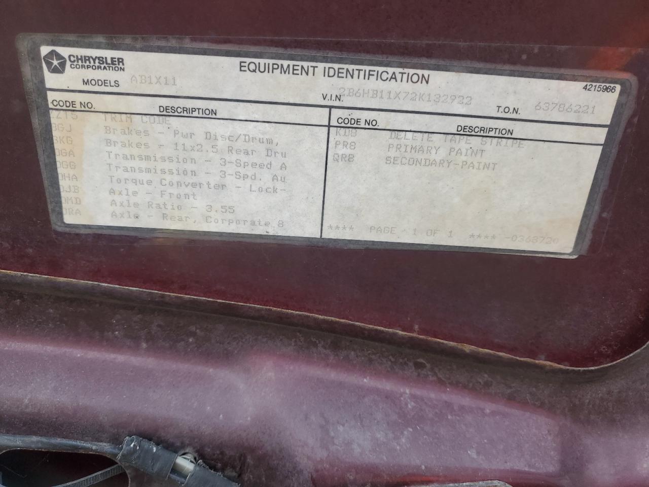 2002 Dodge Ram Van B1500 VIN: 2B6HB11X72K132922 Lot: 60356495