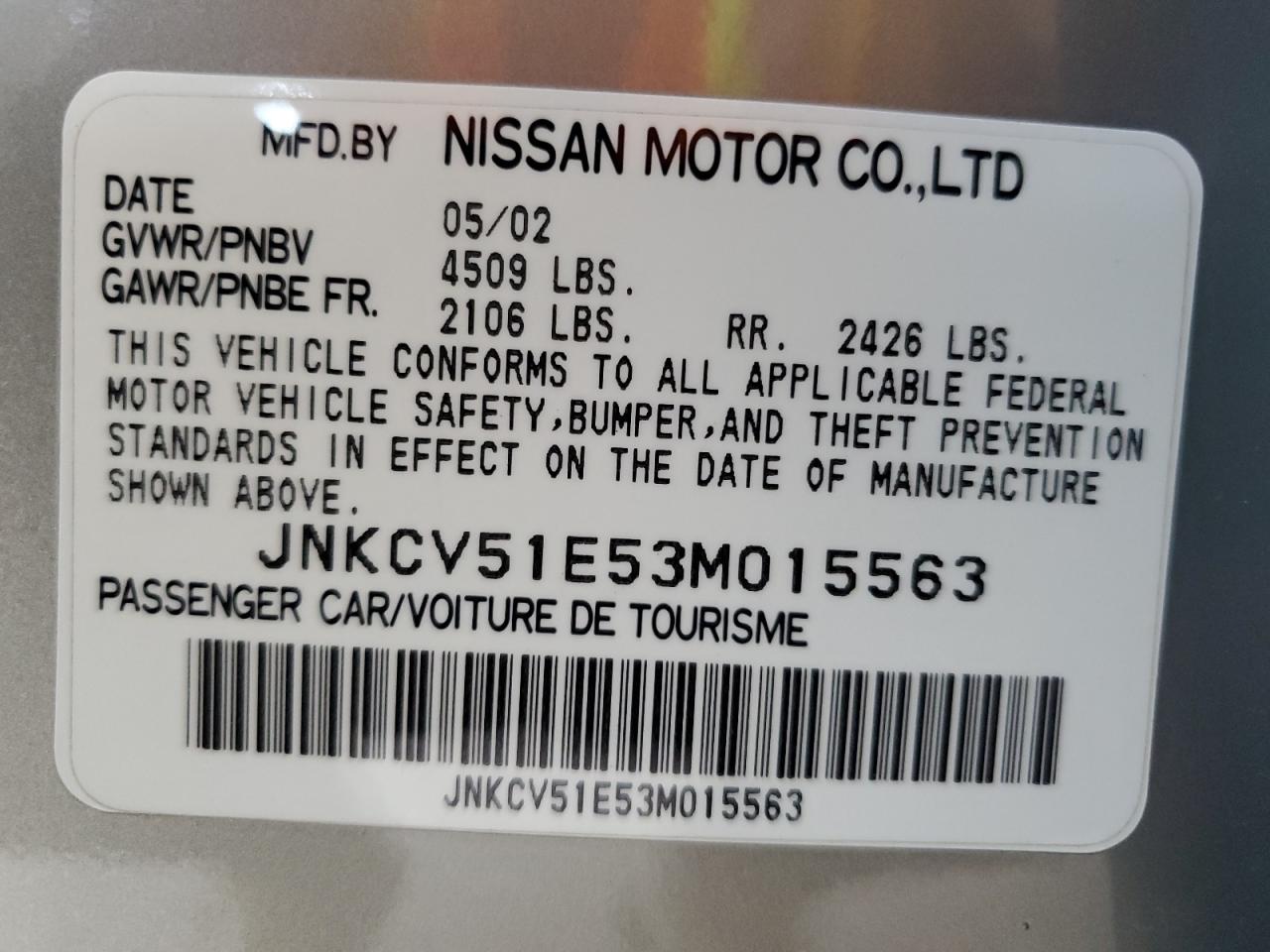 2003 Infiniti G35 VIN: JNKCV51E53M015563 Lot: 59874465