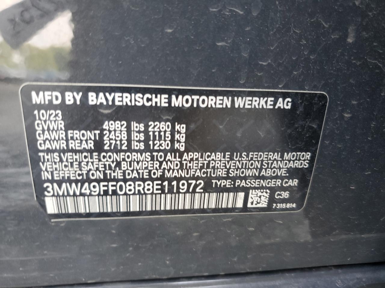 2024 BMW M340Xi VIN: 3MW49FF08R8E11972 Lot: 60033225