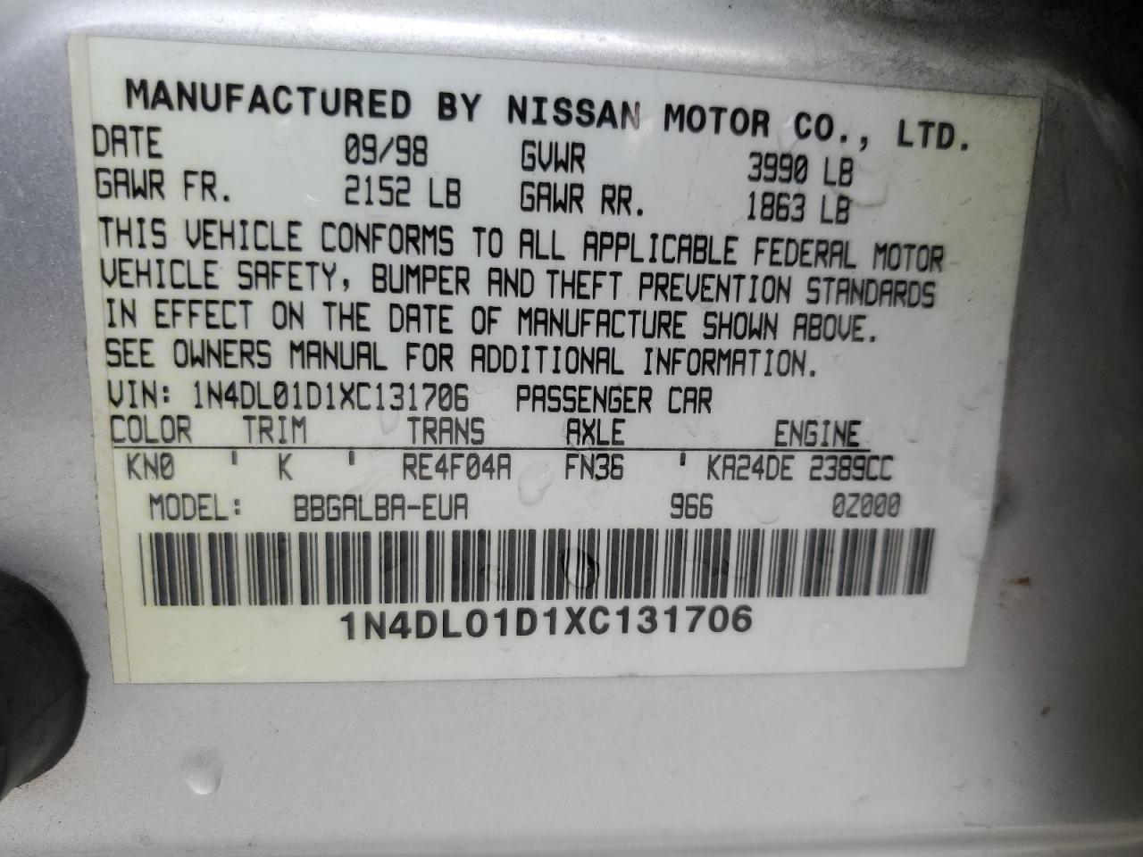 1999 Nissan Altima Xe VIN: 1N4DL01D1XC131706 Lot: 58512895