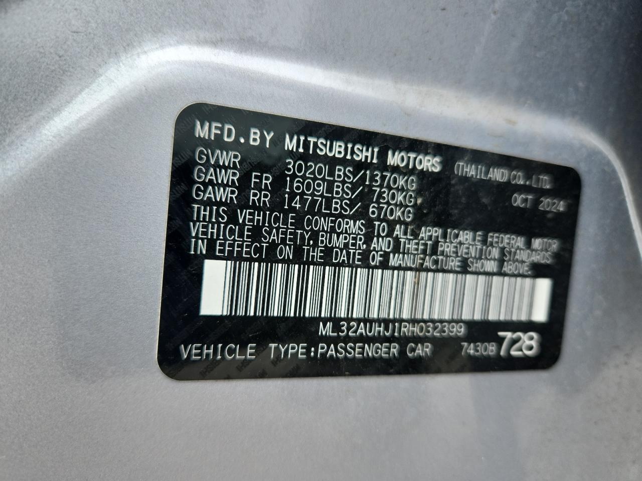 2024 Mitsubishi Mirage Es VIN: ML32AUHJ1RH032399 Lot: 63110465