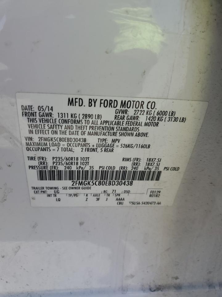 2014 Ford Flex Sel VIN: 2FMGK5C80EBD30438 Lot: 61870085