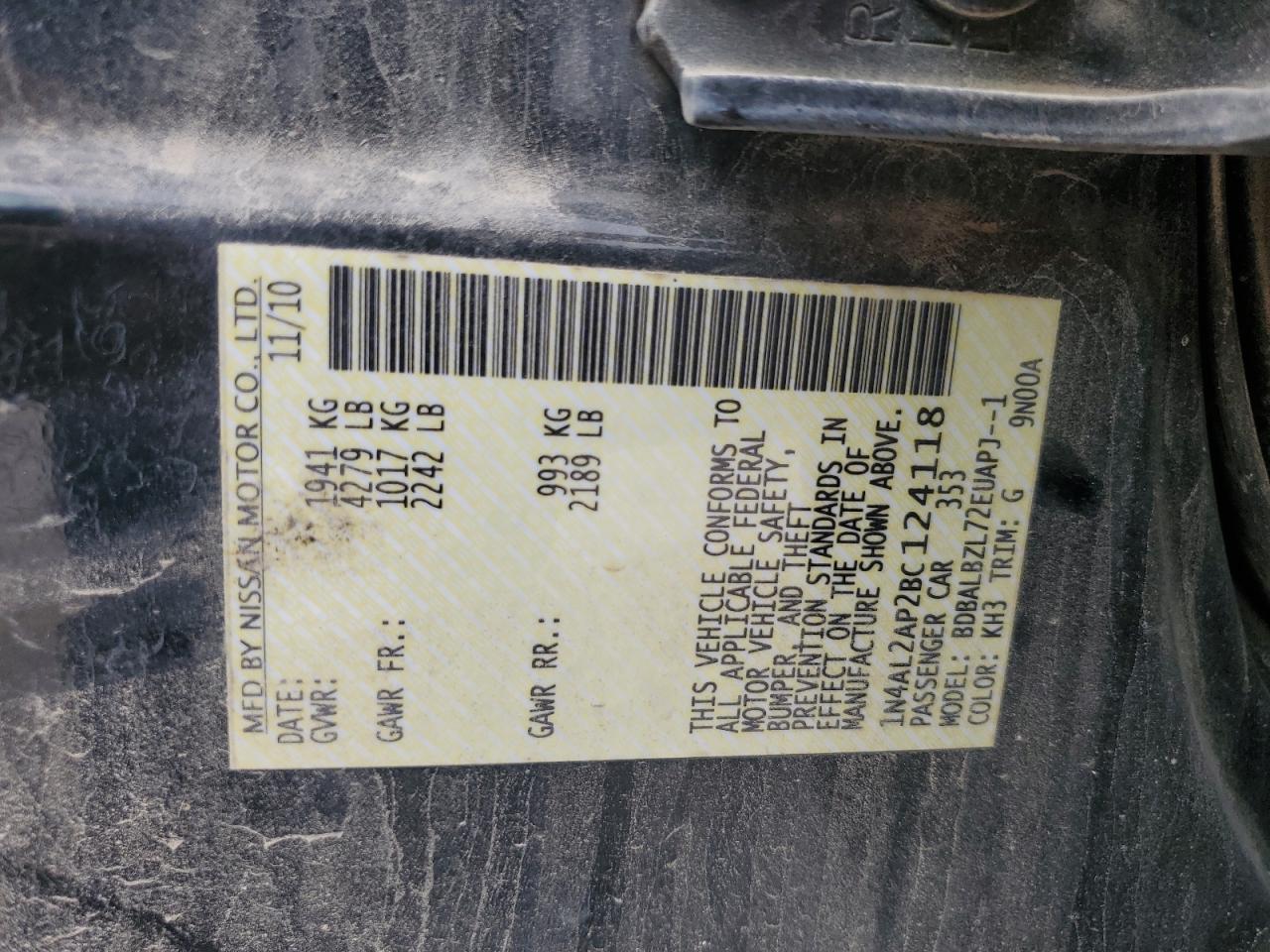 2011 Nissan Altima Base VIN: 1N4AL2AP2BC124118 Lot: 60157515
