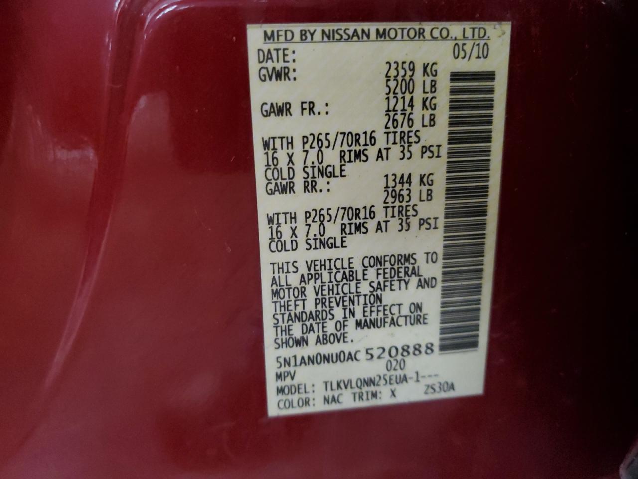 2010 Nissan Xterra Off Road VIN: 5N1AN0NU0AC520888 Lot: 62272875