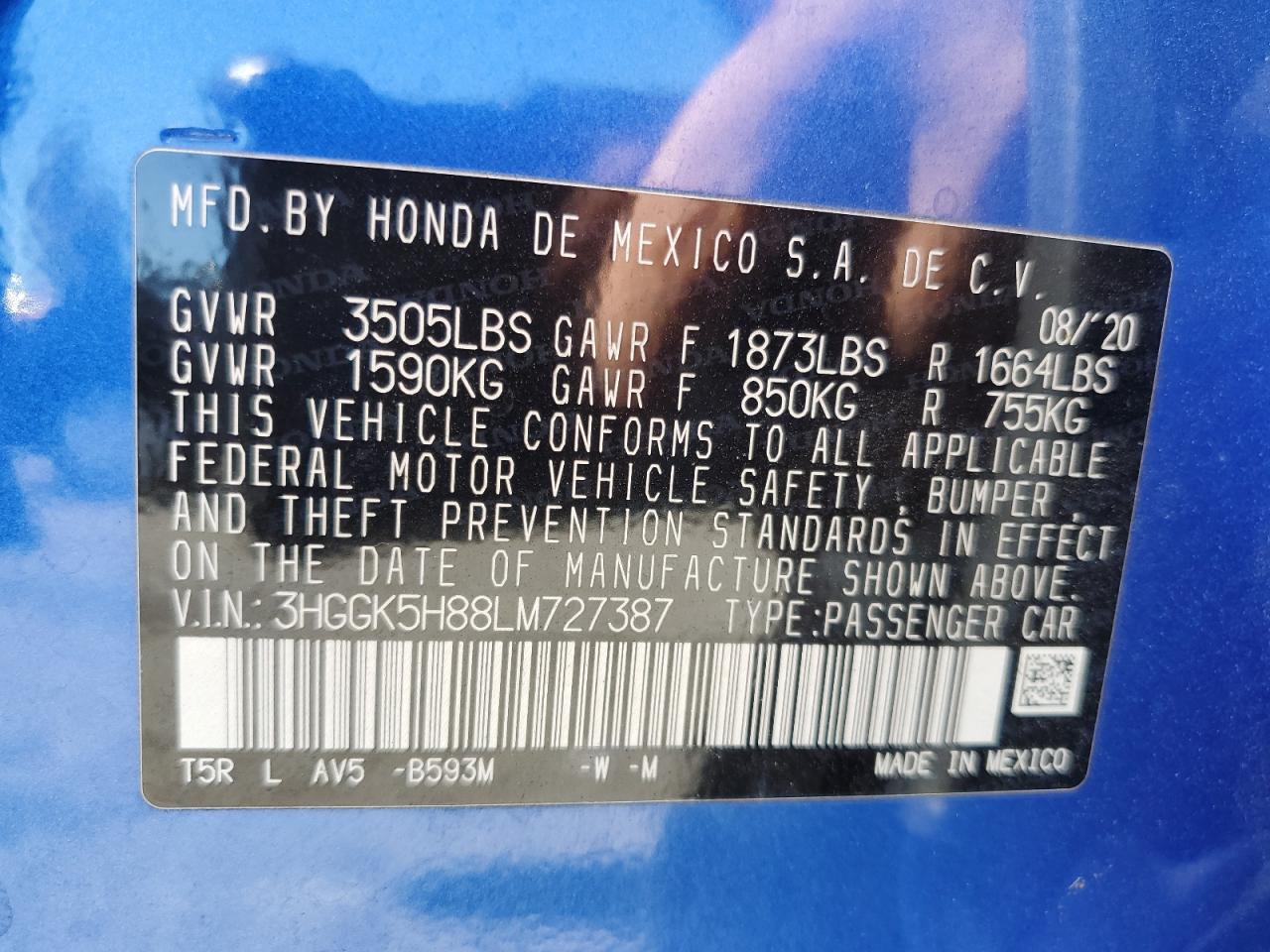 2020 Honda Fit Ex VIN: 3HGGK5H88LM727387 Lot: 62892815