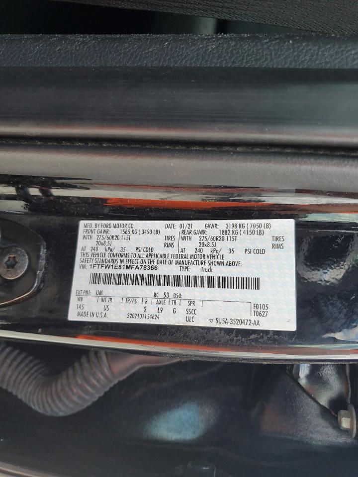 2021 Ford F150 Supercrew VIN: 1FTFW1E81MFA78366 Lot: 61080695