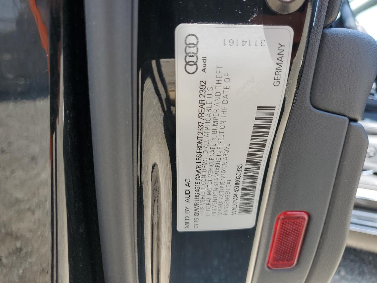 2017 Audi A4 Ultra Premium VIN: WAUGMAF4XHN030833 Lot: 61951065