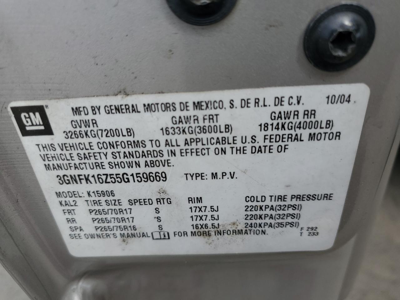 2005 Chevrolet Suburban K1500 VIN: 3GNFK16Z55G159669 Lot: 62601985