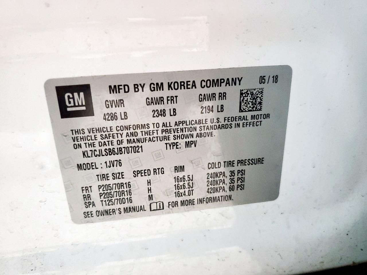 2018 Chevrolet Trax 1Lt VIN: KL7CJLSB6JB707021 Lot: 62390685