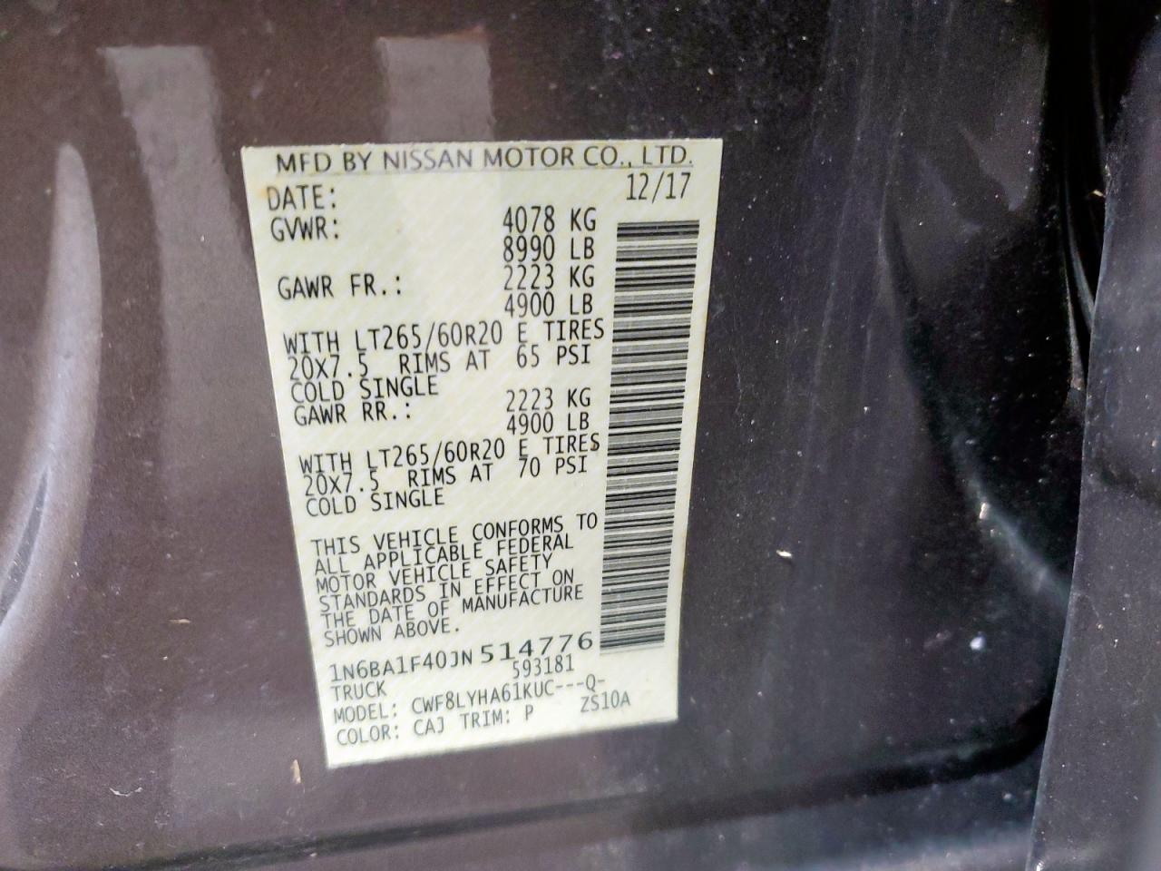 2018 Nissan Titan Xd Sl VIN: 1N6BA1F40JN514776 Lot: 59799715