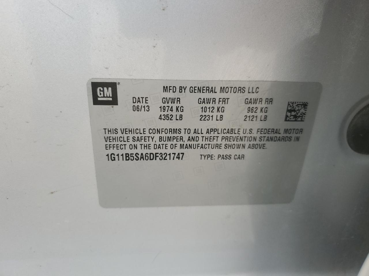 2013 Chevrolet Malibu Ls VIN: 1G11B5SA6DF321747 Lot: 61006095