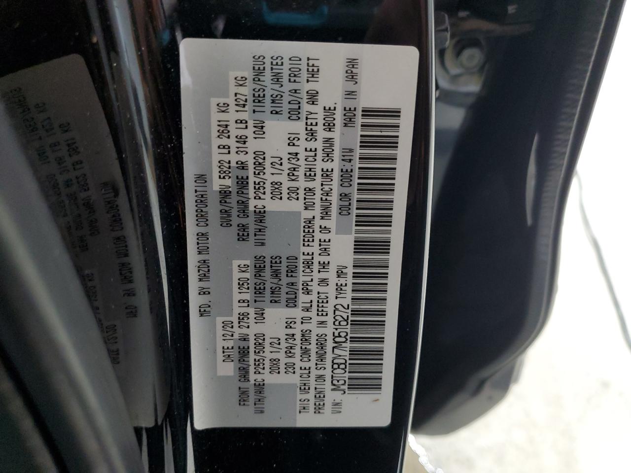 2021 Mazda Cx-9 Grand Touring VIN: JM3TCBDY7M0516272 Lot: 62078735