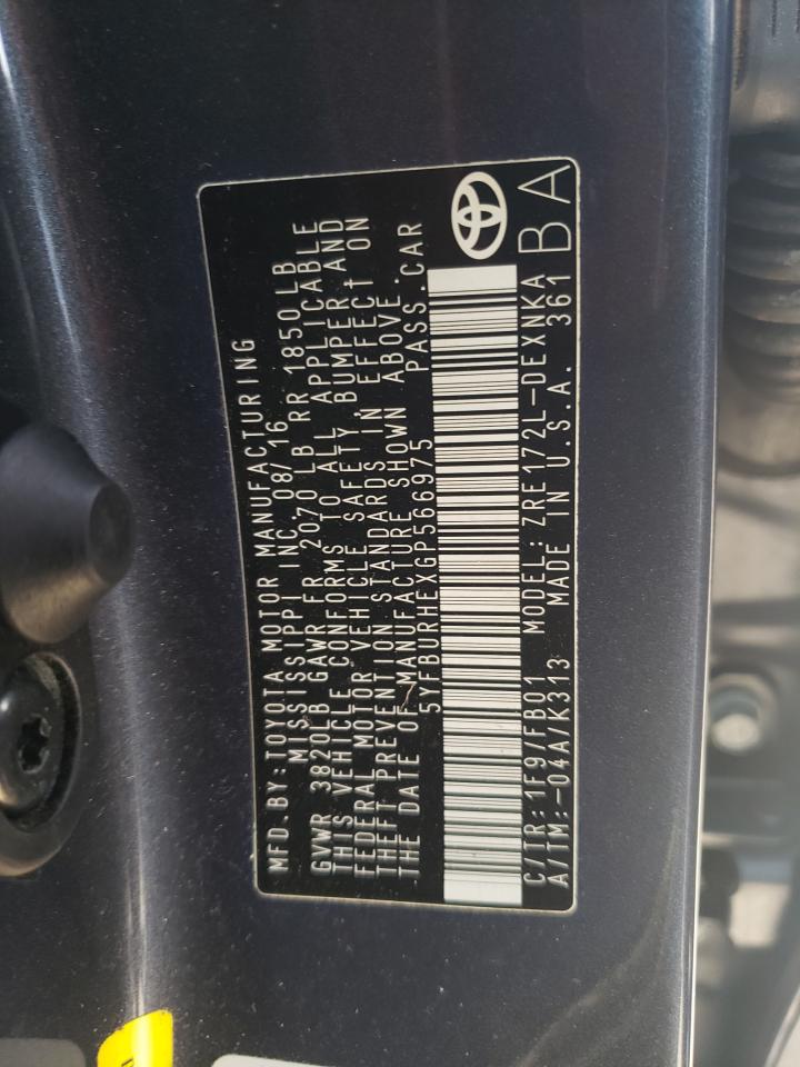 2016 Toyota Corolla L VIN: 5YFBURHEXGP566975 Lot: 59933985