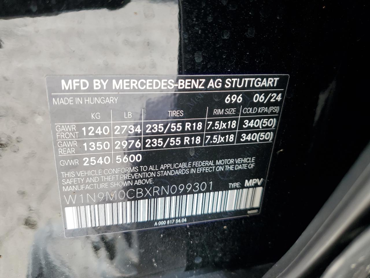 2024 Mercedes-Benz Eqb 250+ VIN: W1N9M0CBXRN099301 Lot: 61353205