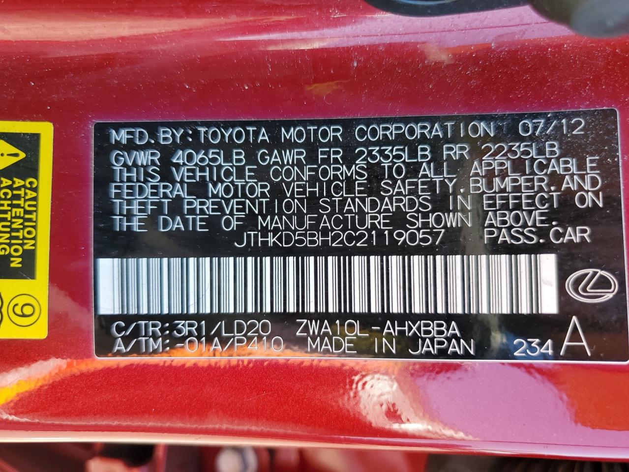 2012 Lexus Ct 200 VIN: JTHKD5BH2C2119057 Lot: 63022875