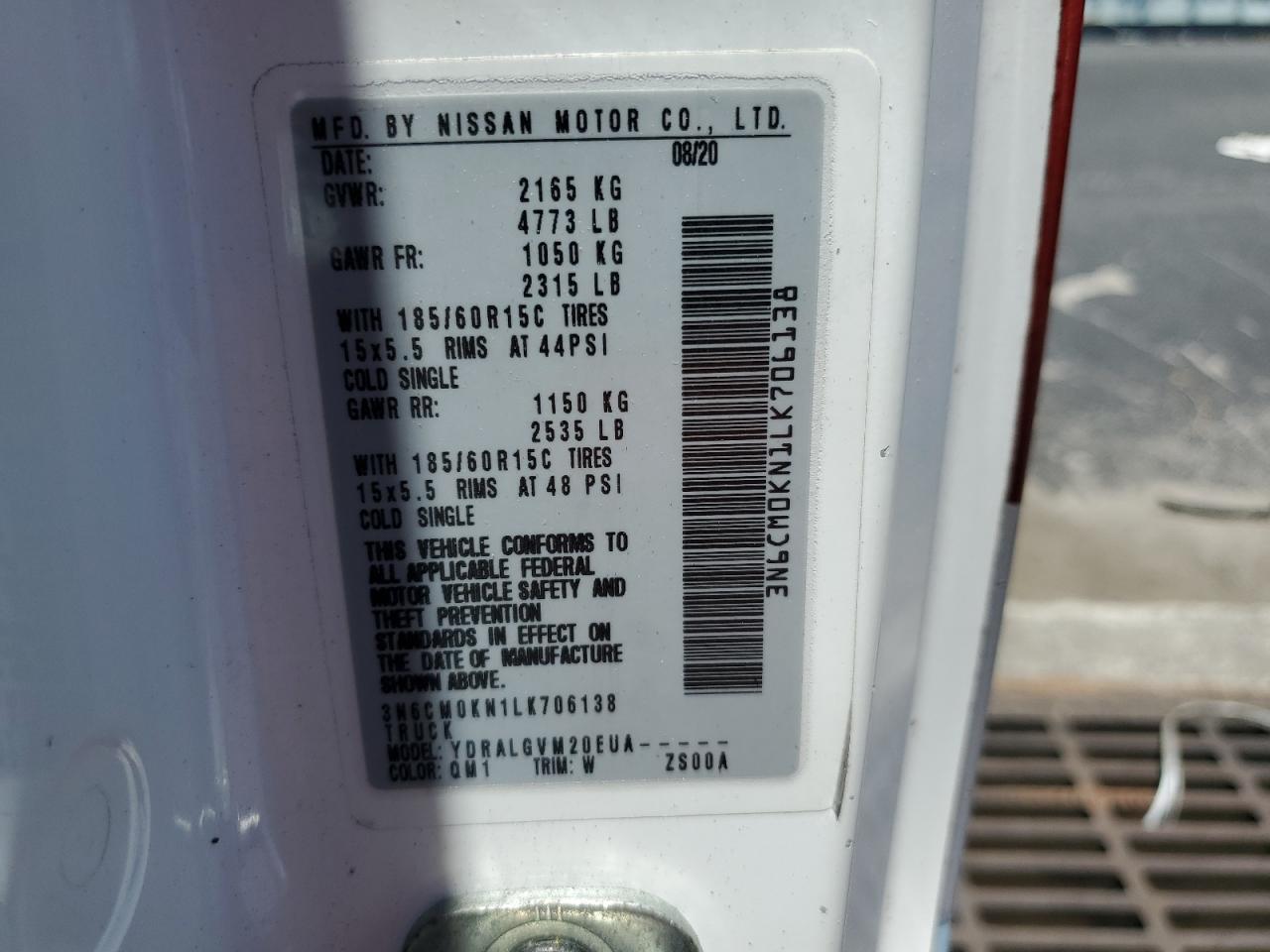 2020 Nissan Nv200 2.5S VIN: 3N6CM0KN1LK706138 Lot: 61167285
